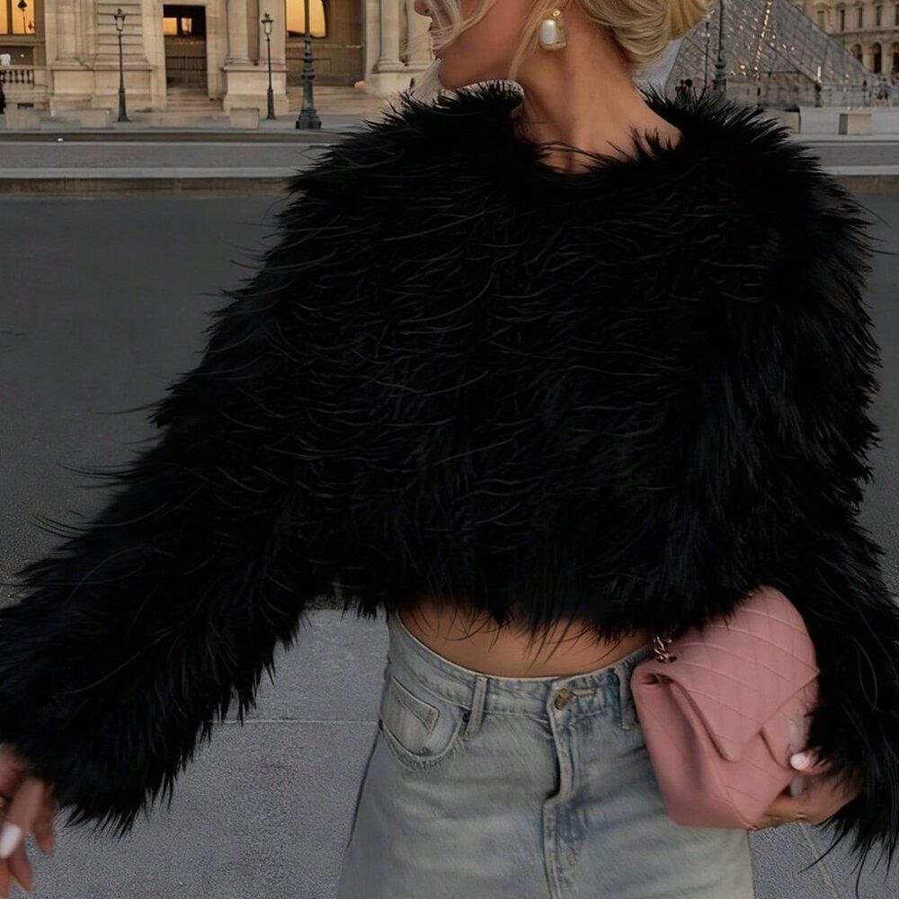 Black Casual Women's Crew Neck Coat - Picture 3 of 4
